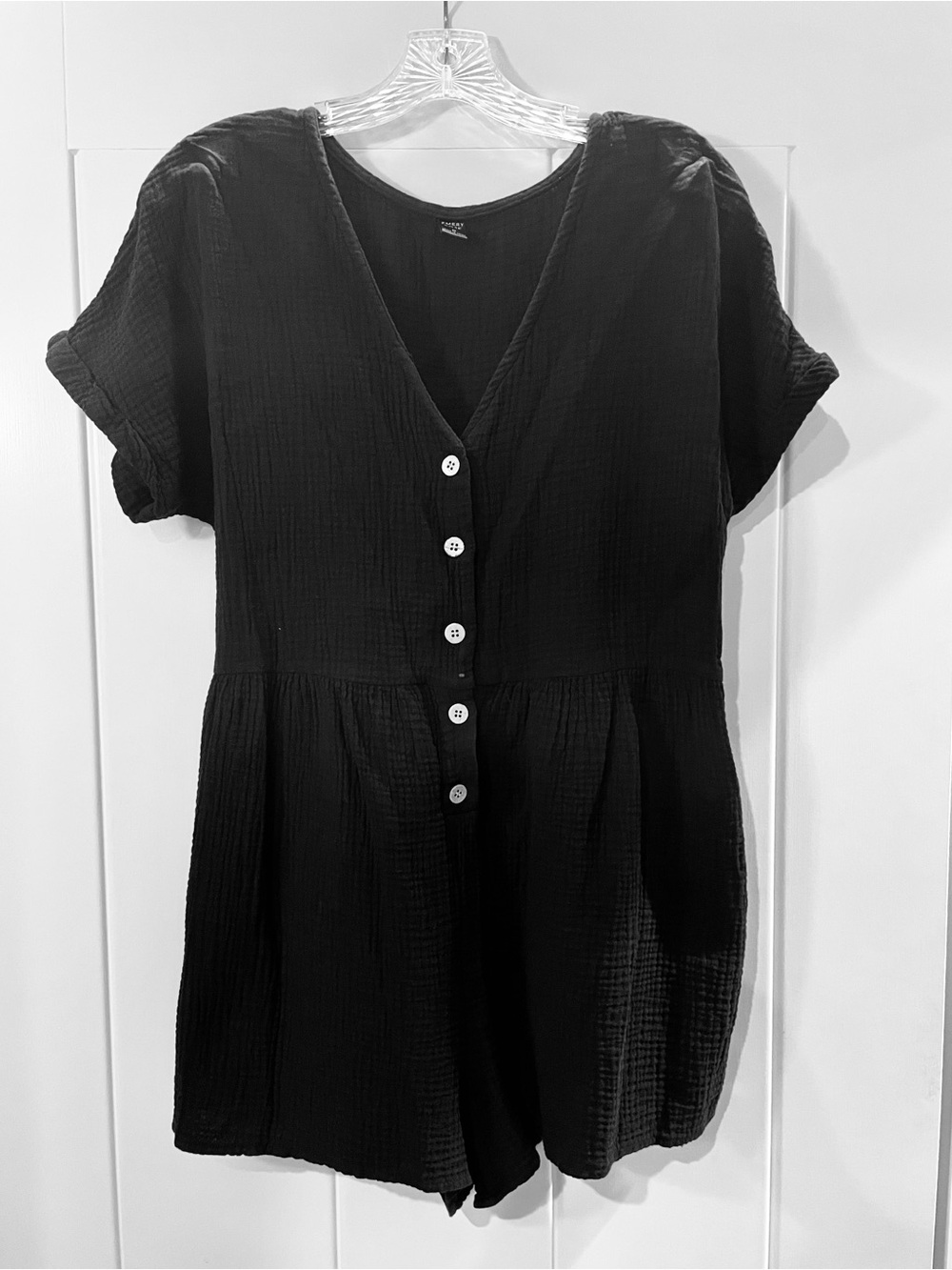 Emery Rose Black Short Sleeve Button Front Romper